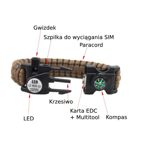 JB Tacticals Bransoletka Survivalowa Paracord SOS Brązowa